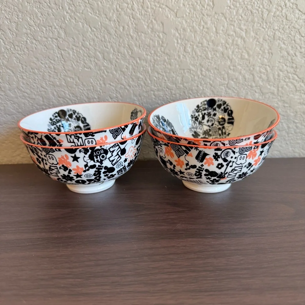 Disney Mickey Head Doodle Graphic Orange Rim Ceramic Snack Bowls Set‎ of 4